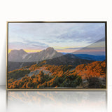 Large art print of a Taiwanese landscape in gold and green tones on acrylic, framed, in mid-century modernist style.
