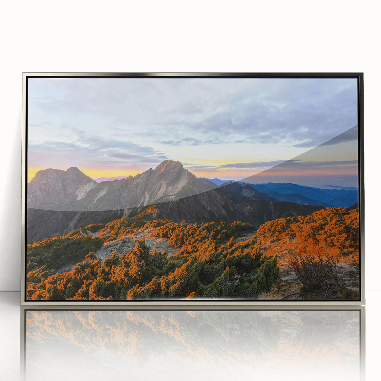 Mid-century modernist art depicting Taiwan scenery in silver framed acrylic, with muted earth tones.