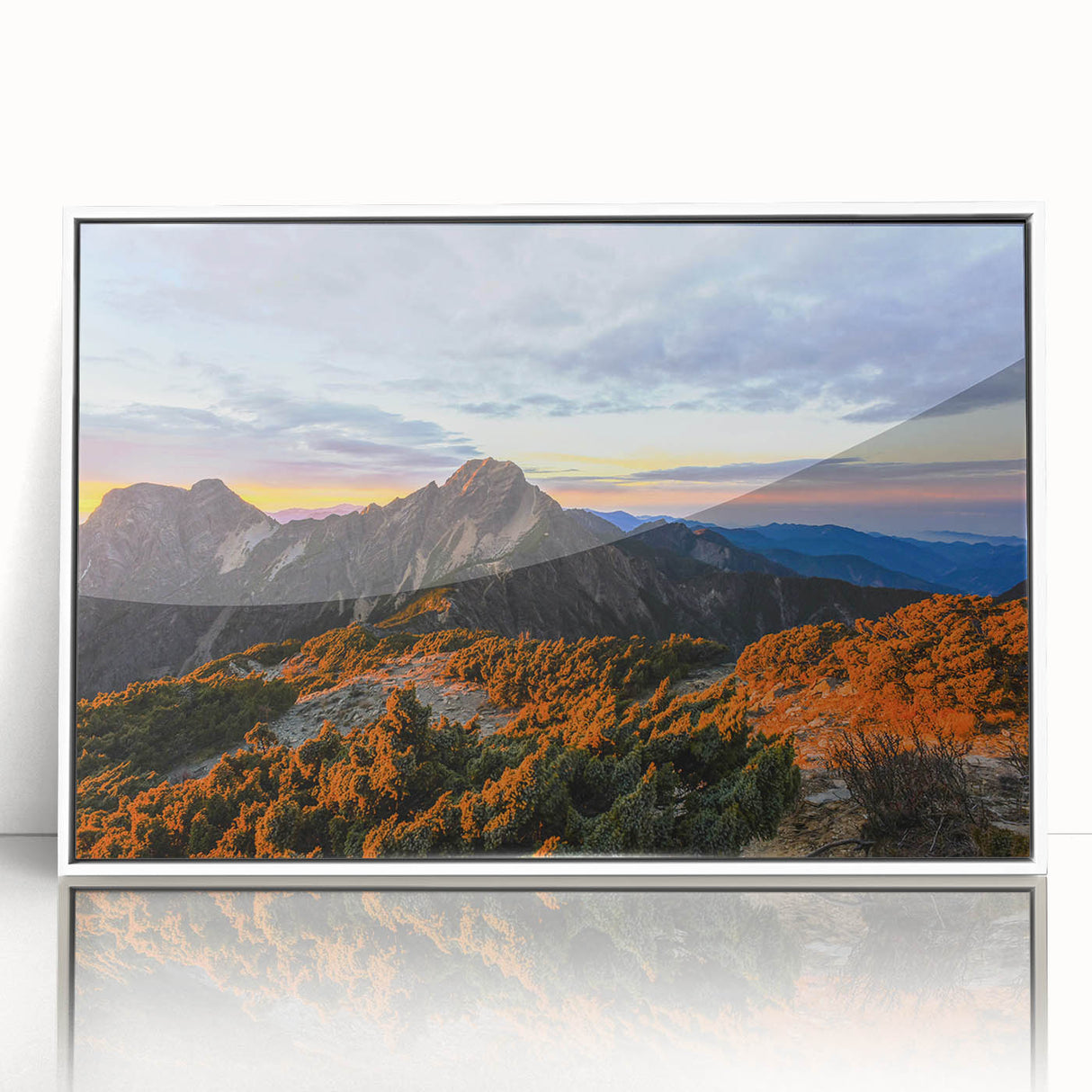 Modern art wall decor featuring a serene Taiwanese landscape, in muted greens and blues, acrylic print framed in white.