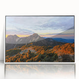 Modern art wall decor featuring a serene Taiwanese landscape, in muted greens and blues, acrylic print framed in white.