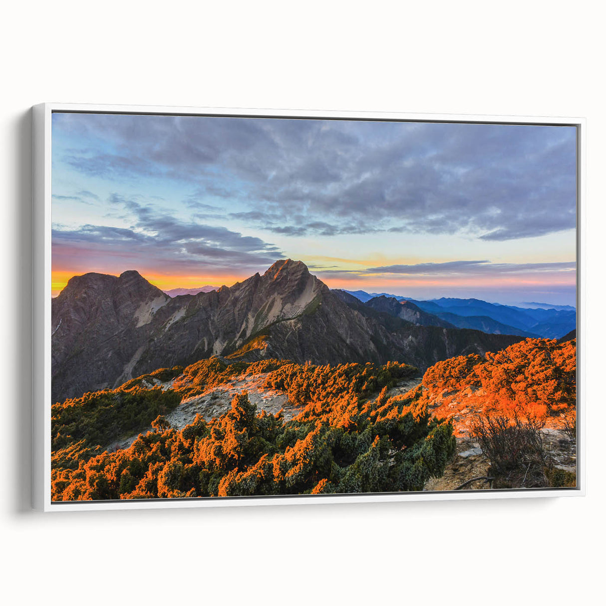 Vintage poster art of a Taiwan scenery on extra large framed canvas, featuring colorful art on a black background.