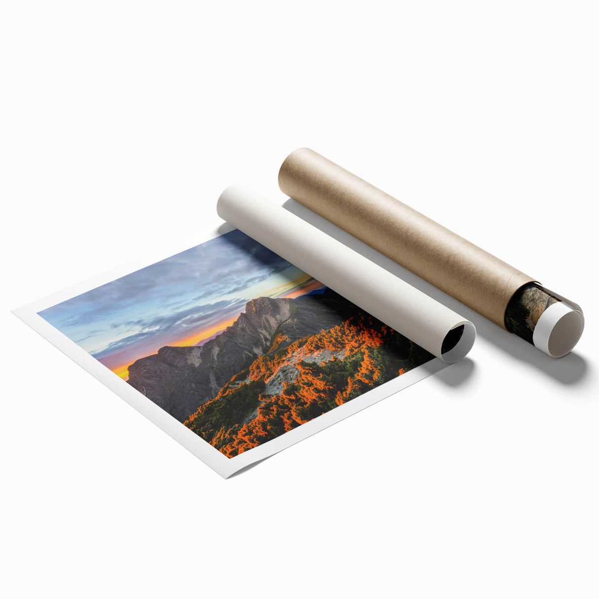Extra large rolled print of a Taiwanese landscape with lush floral elements in soft green and blue tones.