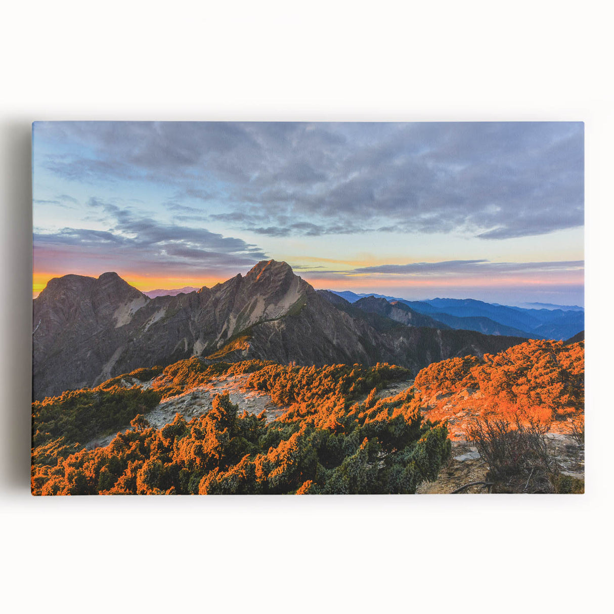 Large black and white stretched canvas of a Taiwan landscape, ideal for kitchen wall art.