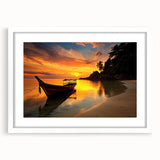 Abstract art print of a tranquil Thai landscape in muted greens and blues on a framed white mat.