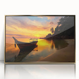 Large acrylic print of a Thai landscape in gold and green tones, framed, in mid-century modernist style.