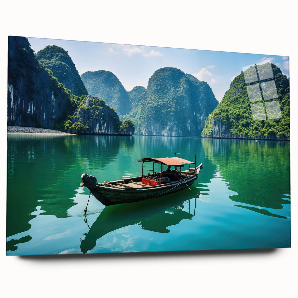 Large abstract wall art depicting a serene Vietnamese landscape in muted greens and blues on acrylic glass.