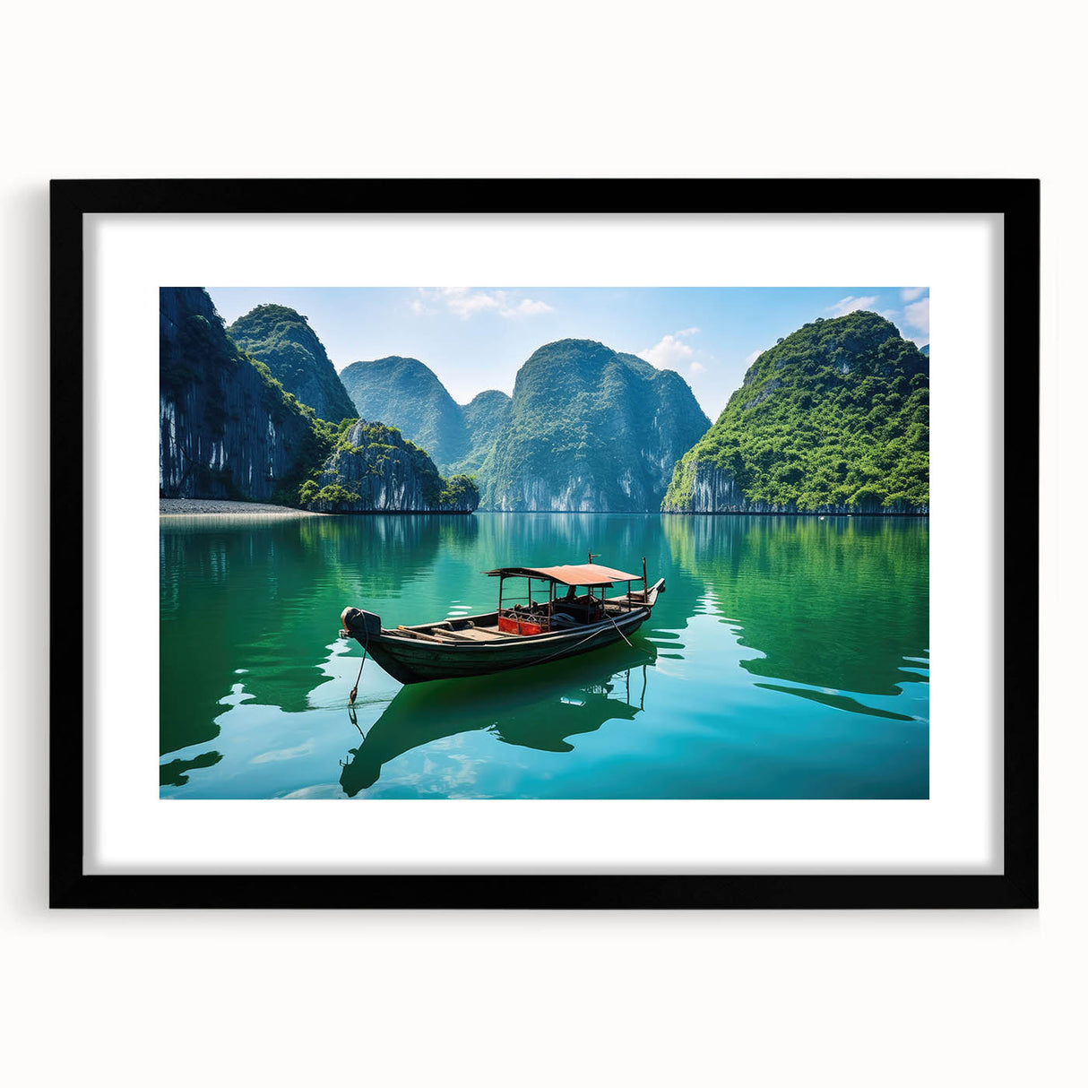 Extra large abstract art print featuring a colorful, textured scenery of Vietnam, framed in black.