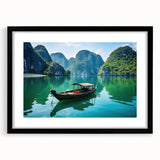 Extra large abstract art print featuring a colorful, textured scenery of Vietnam, framed in black.