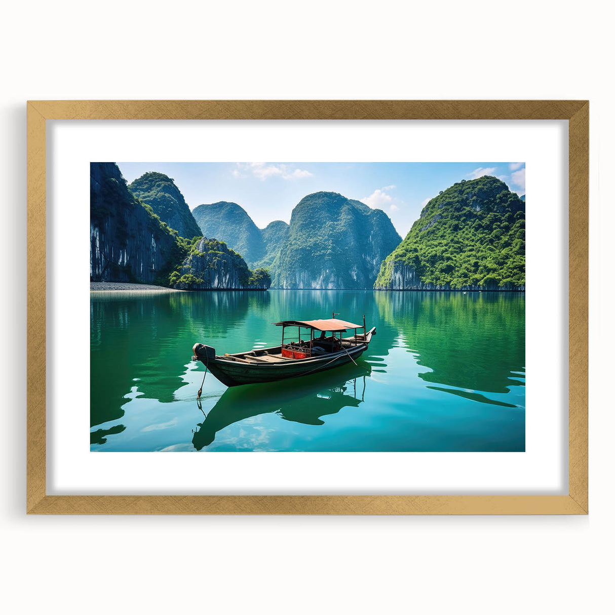 Extra large abstract art print of a Vietnamese landscape in textured gold frame, ideal for living room decor.