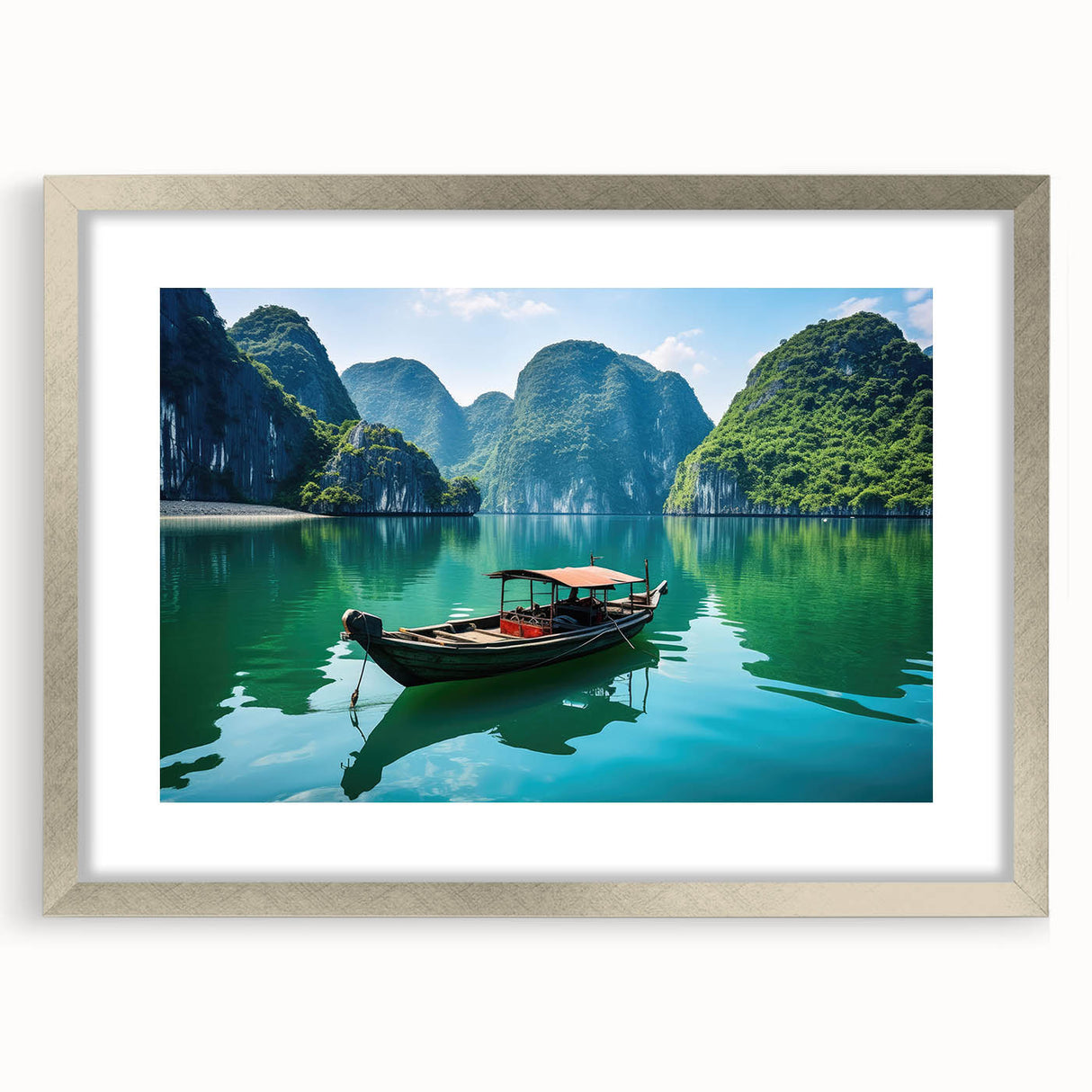 Textured art print of an abstract Vietnamese landscape in muted earth tones on a silver-framed canvas.