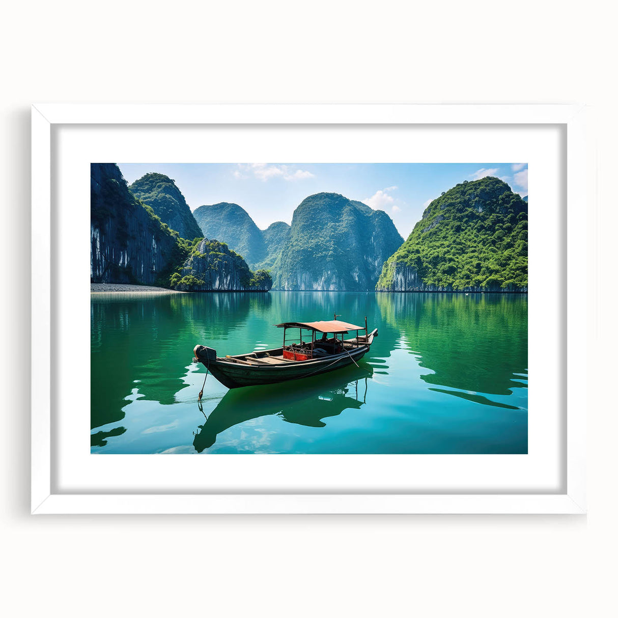 Abstract art print of a Vietnamese landscape in muted greens and blues on a framed white mat, ideal for dining room decor.