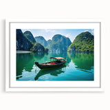 Abstract art print of a Vietnamese landscape in muted greens and blues on a framed white mat, ideal for dining room decor.