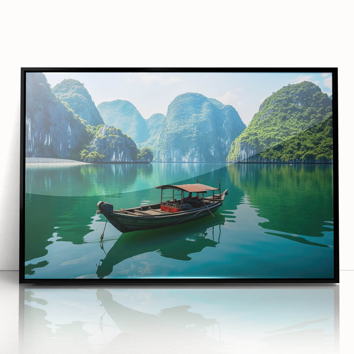 Large abstract wall art depicting a serene Vietnamese landscape in muted greens and blues, framed in black acrylic.