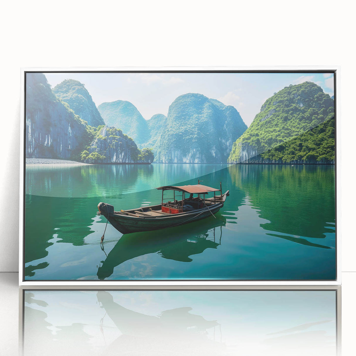 Acrylic print of a serene Vietnamese landscape in soft green and blue tones, framed in white, suitable for nursery wall art.
