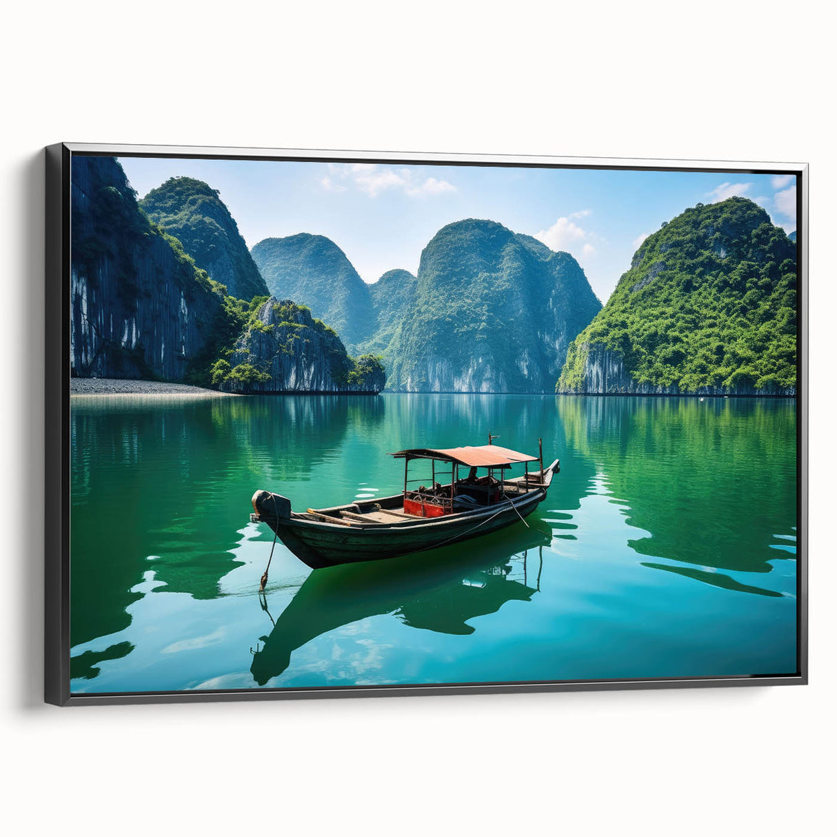 Black and white framed canvas featuring a vintage-style Vietnamese landscape, ideal for bedroom wall decor.