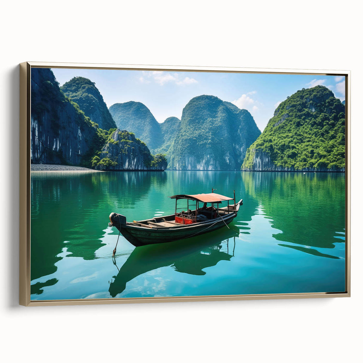 Framed canvas featuring a vintage-style landscape painting of a Vietnamese scenery in gold and black.