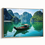 Framed canvas featuring a vintage-style landscape painting of a Vietnamese scenery in gold and black.