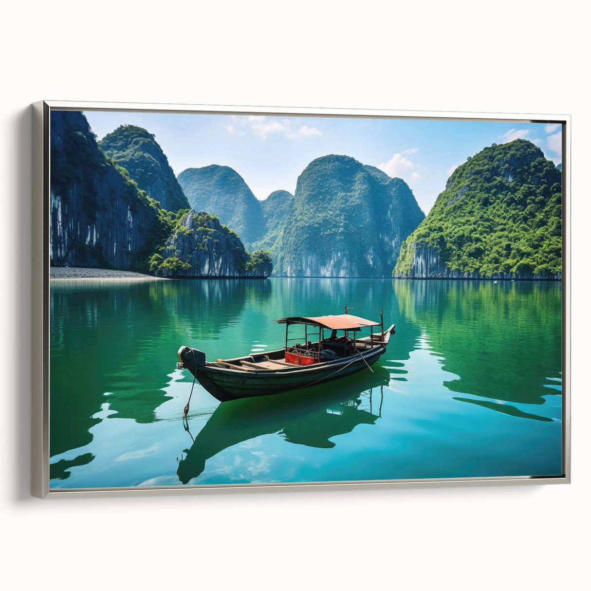 Landscape art painting of a Vietnamese rice field in vibrant green and yellow tones on a framed canvas.