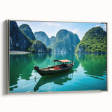 Landscape art painting of a Vietnamese rice field in vibrant green and yellow tones on a framed canvas.