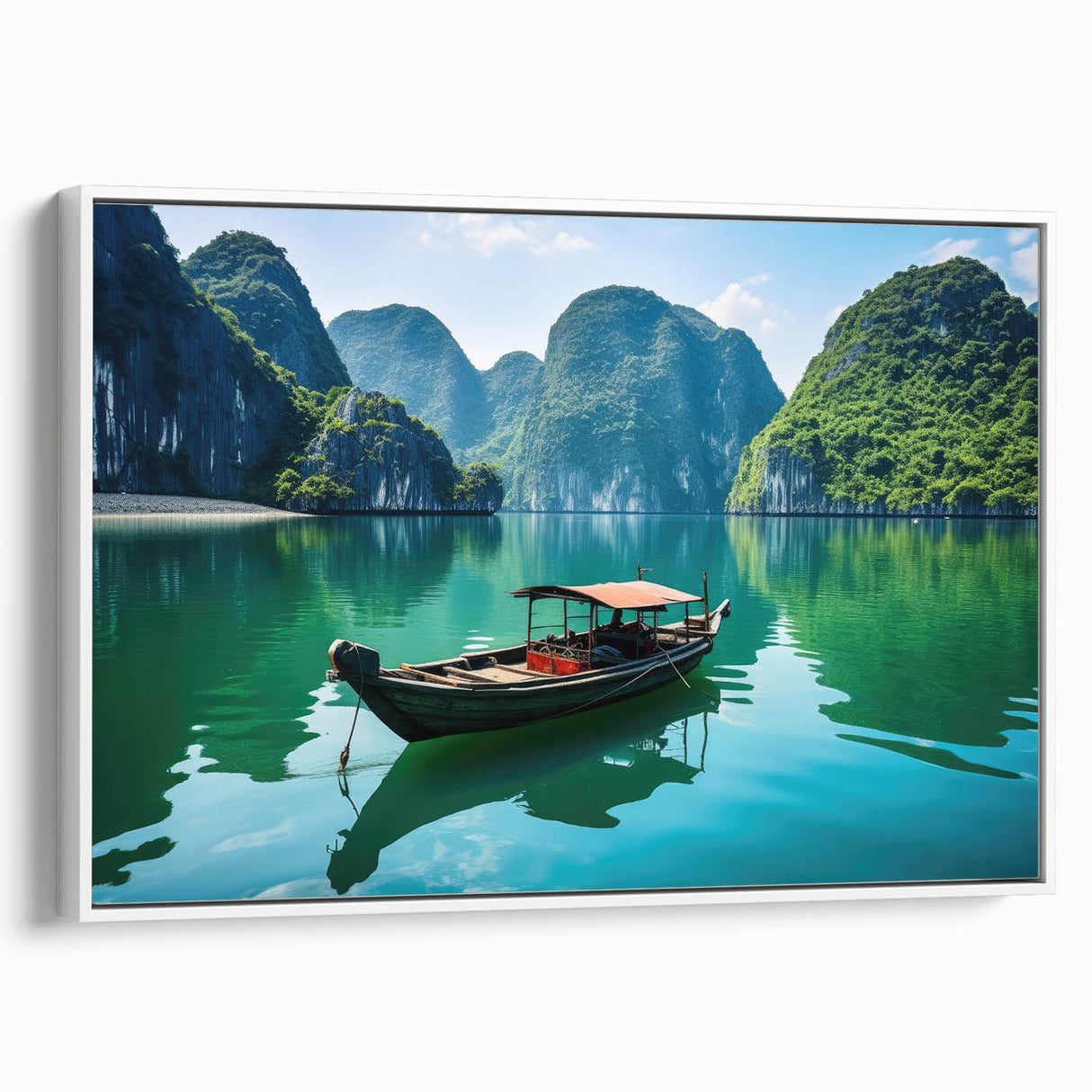 Vintage poster art of a Vietnamese landscape on framed canvas, featuring colorful art in extra large size.