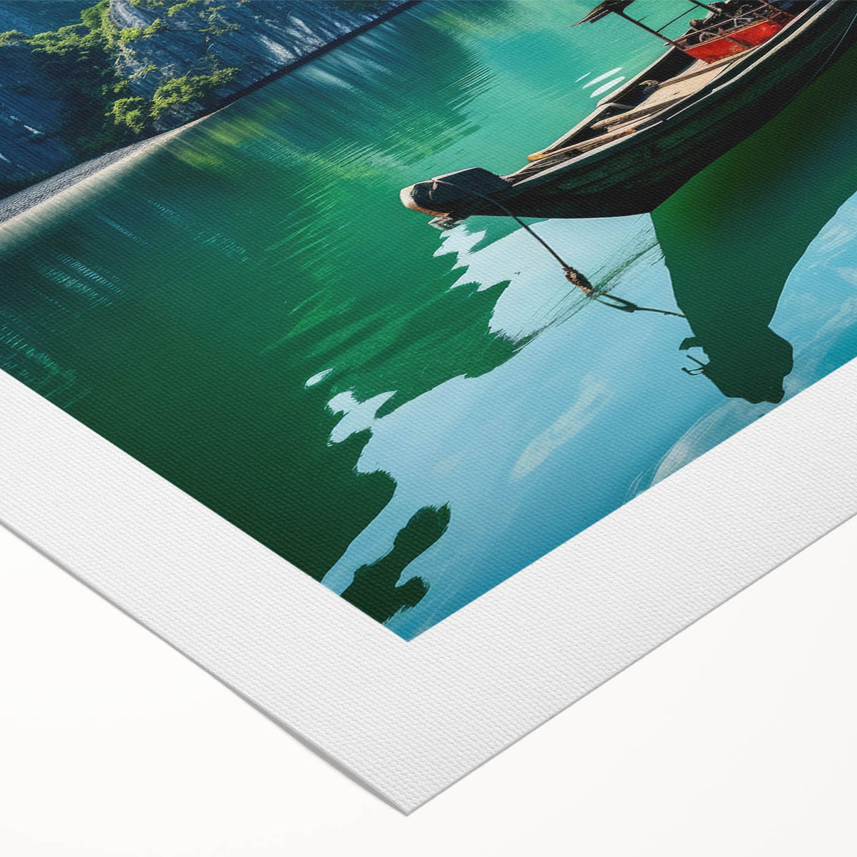 Art deco poster featuring a serene Vietnamese landscape in muted green and blue tones on rolled canvas.