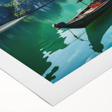 Art deco poster featuring a serene Vietnamese landscape in muted green and blue tones on rolled canvas.