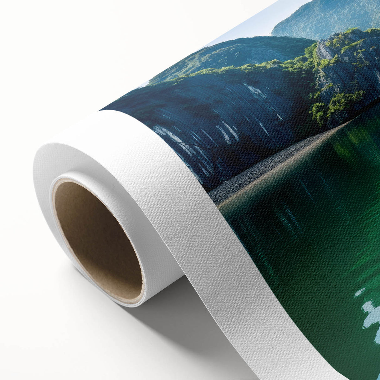 Art deco poster of a serene Vietnamese landscape on rolled canvas, featuring soft pastel colors, ideal for nursery wall art.