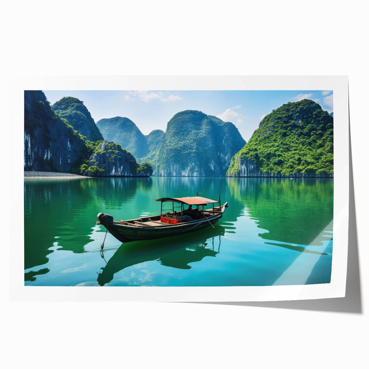 Extra large rolled print featuring a Vietnamese landscape with floral elements in muted greens and blues.