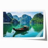 Extra large rolled print featuring a Vietnamese landscape with floral elements in muted greens and blues.