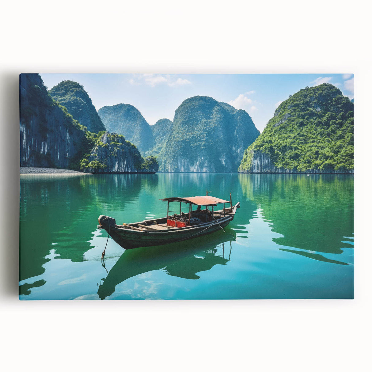 Black and white stretched canvas of a Vietnamese landscape, ideal for kitchen wall art.