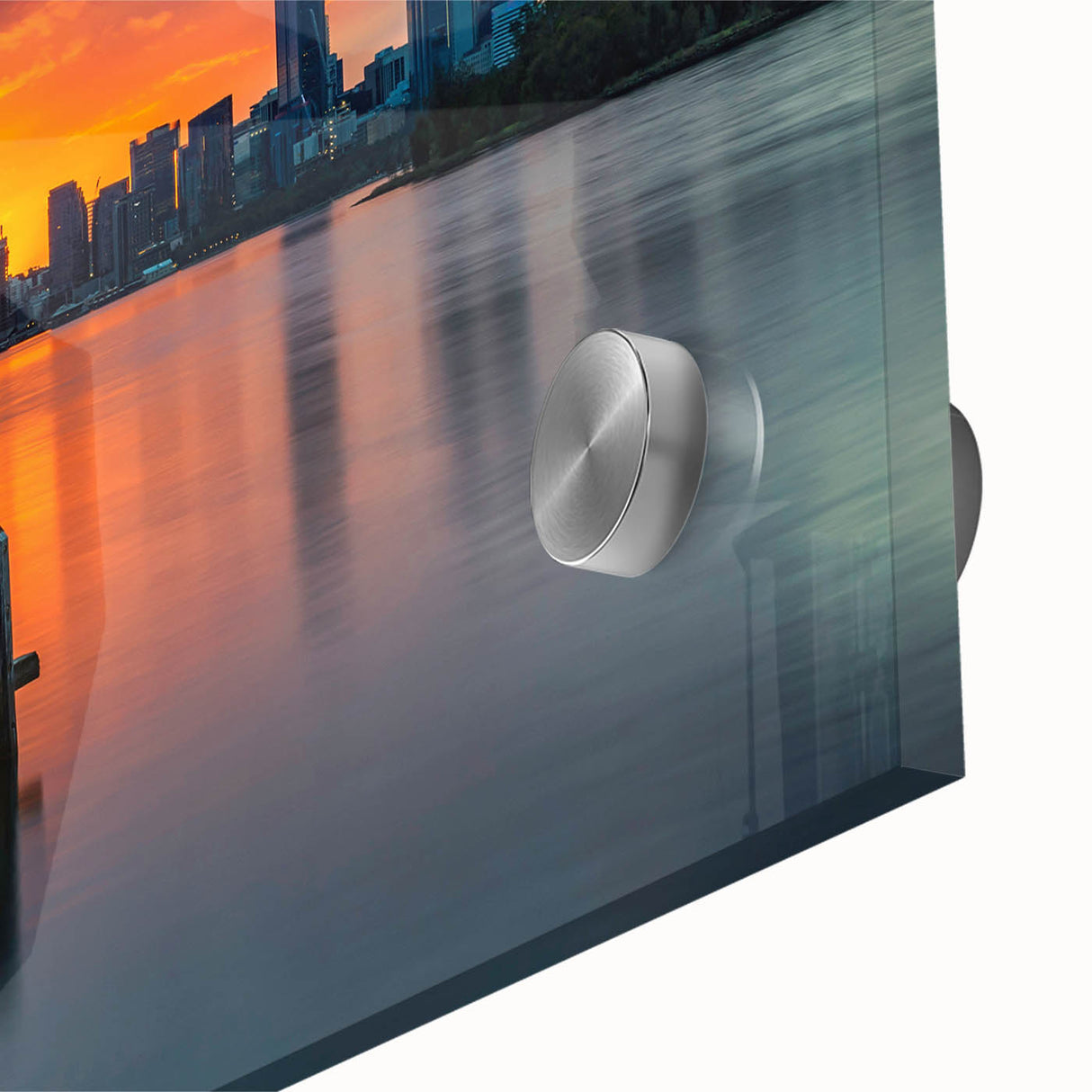 Large abstract wall art of Perth skyline in muted blue and orange tones on acrylic glass, suitable for dining room decor.