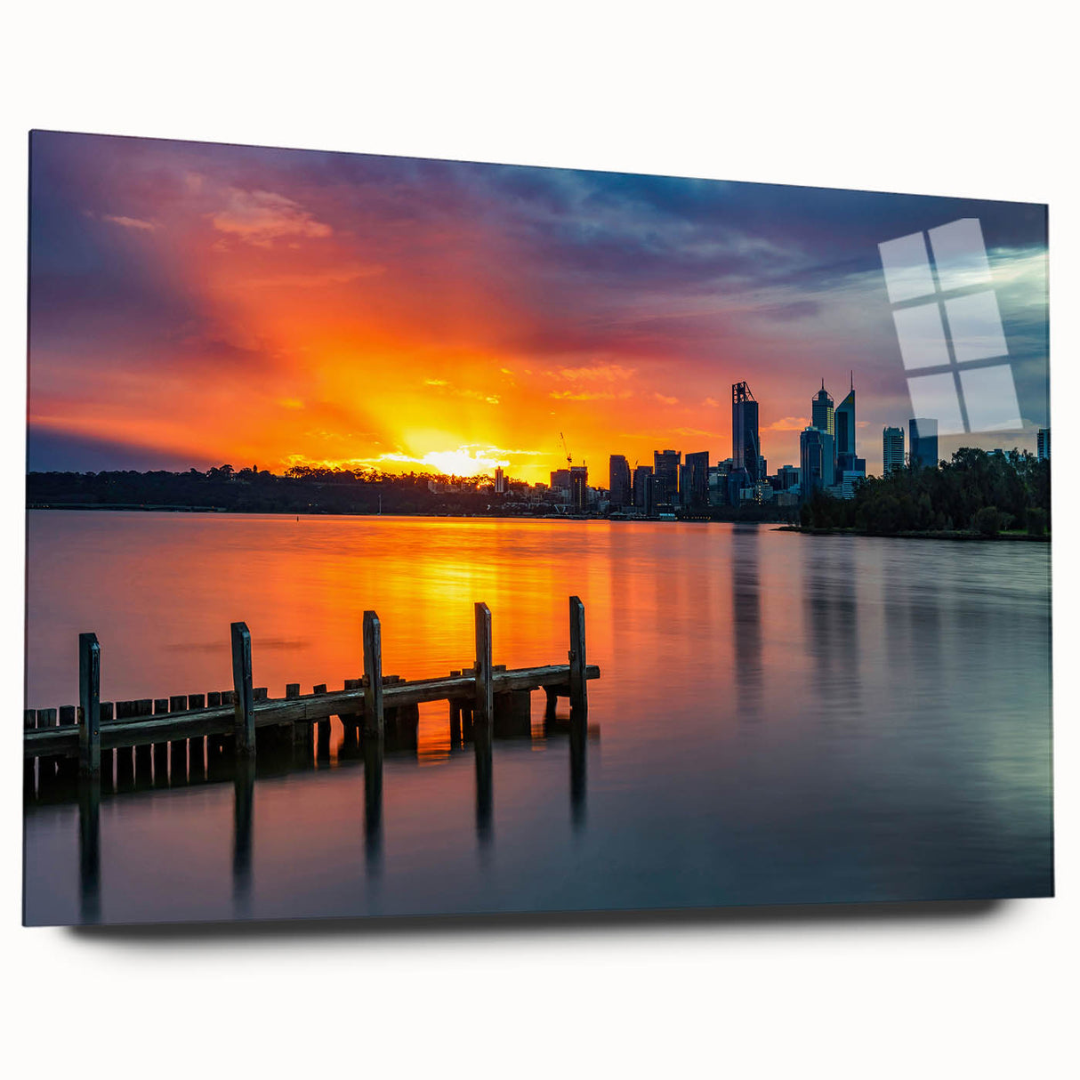 Large abstract wall art of Perth skyline in muted blue tones on acrylic glass, ideal for bedroom or dining room decor.