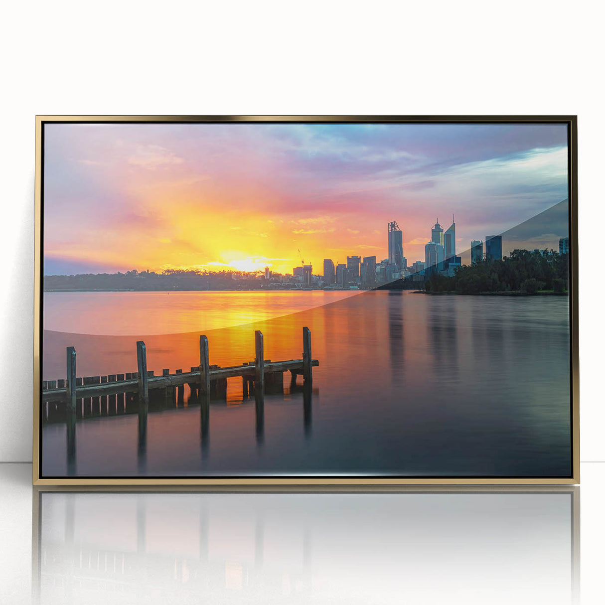 Mid-century modernist art of Perth skyline in gold and teal tones on framed acrylic, suitable for modern art wall decor.