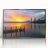 Mid-century modernist art of Perth skyline in gold and teal tones on framed acrylic, suitable for modern art wall decor.
