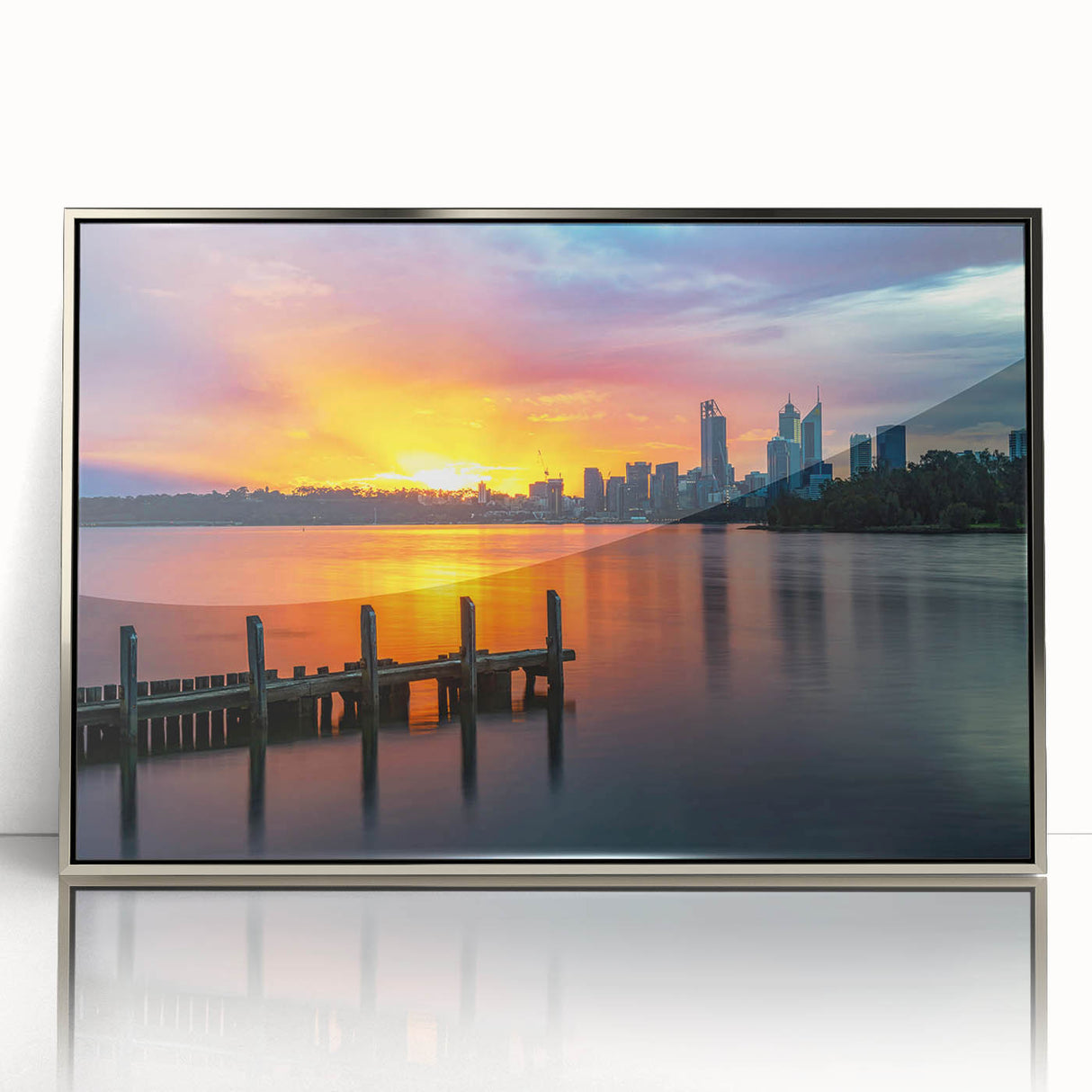 Art deco poster of Perth skyline in silver acrylic frame, using cool gray tones, ideal for modern art wall decor.
