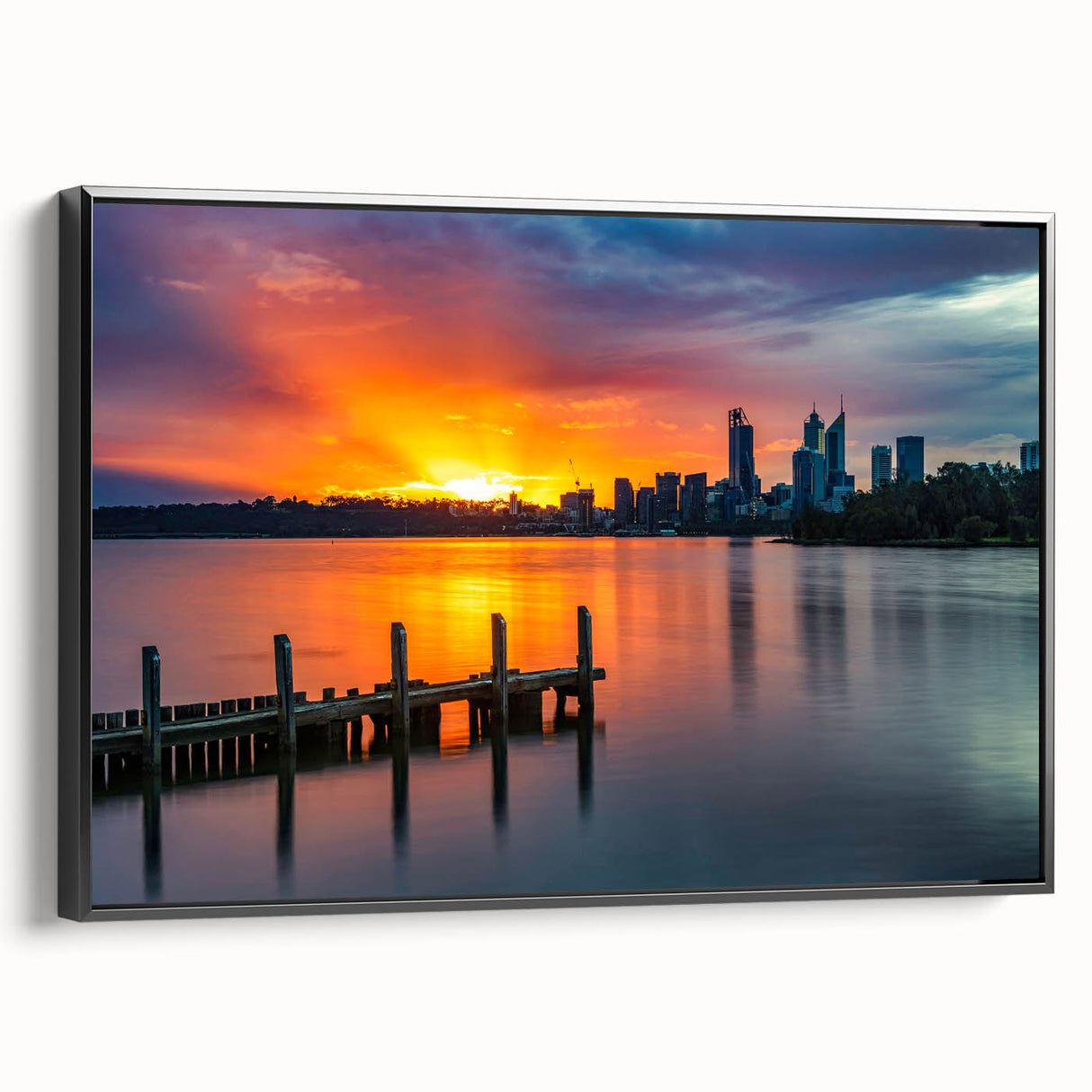 Black and white landscape art painting of Perth, Australia on framed canvas, suitable for bedroom wall decor.