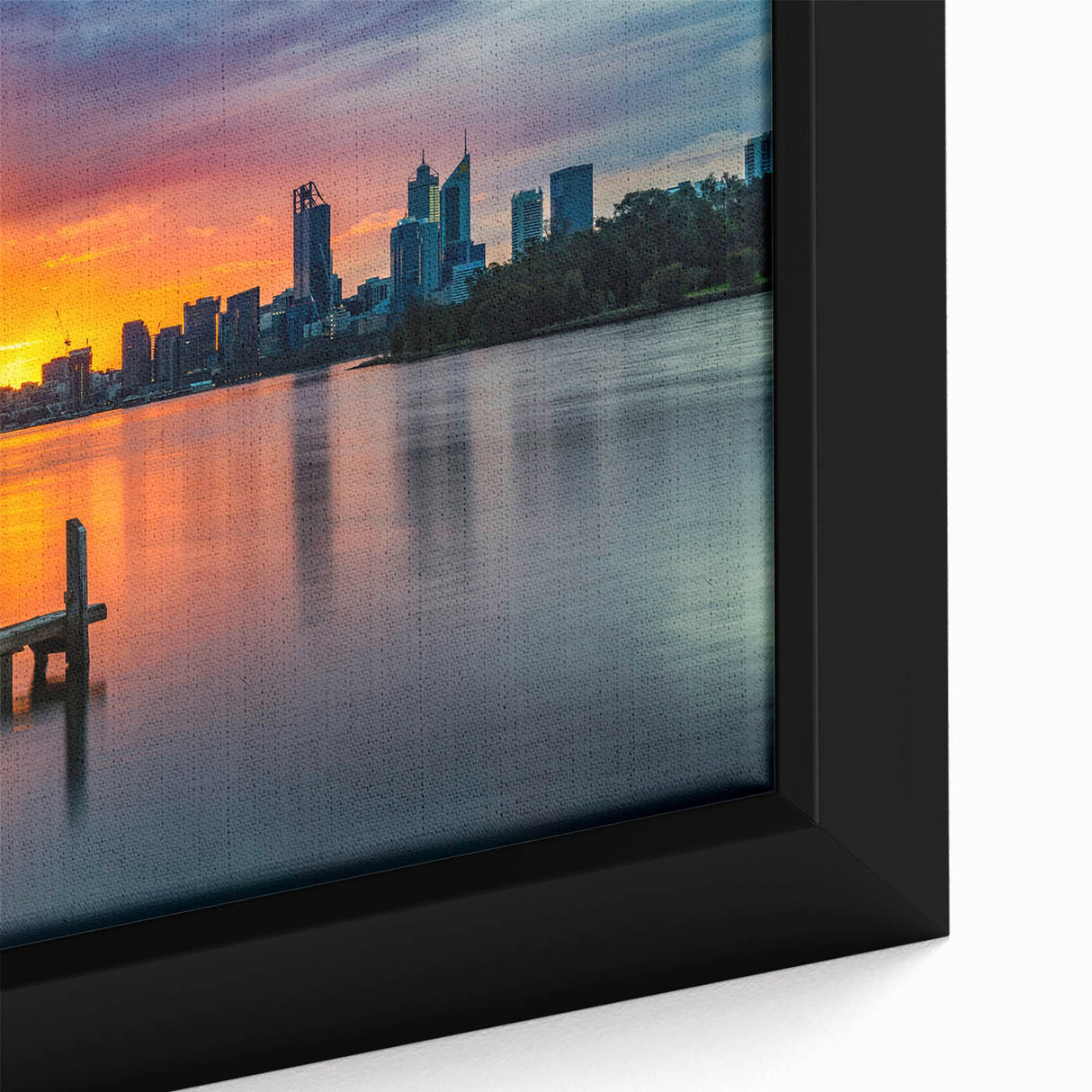 Extra large framed canvas featuring a textured depiction of the Perth skyline in black with colorful accents.