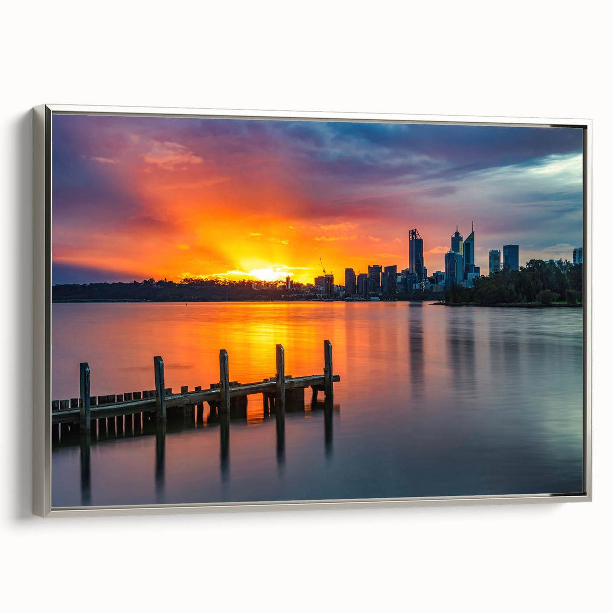 Framed vintage poster art of Perth, Australia in colorful hues on extra large canvas, suitable for living room decor.