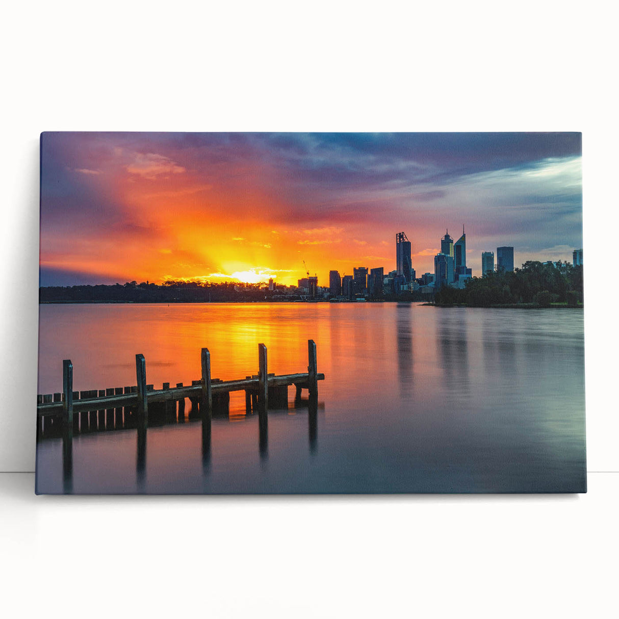Black and white stretched canvas of Perth skyline, ideal for kitchen wall art or bedroom ambiance.