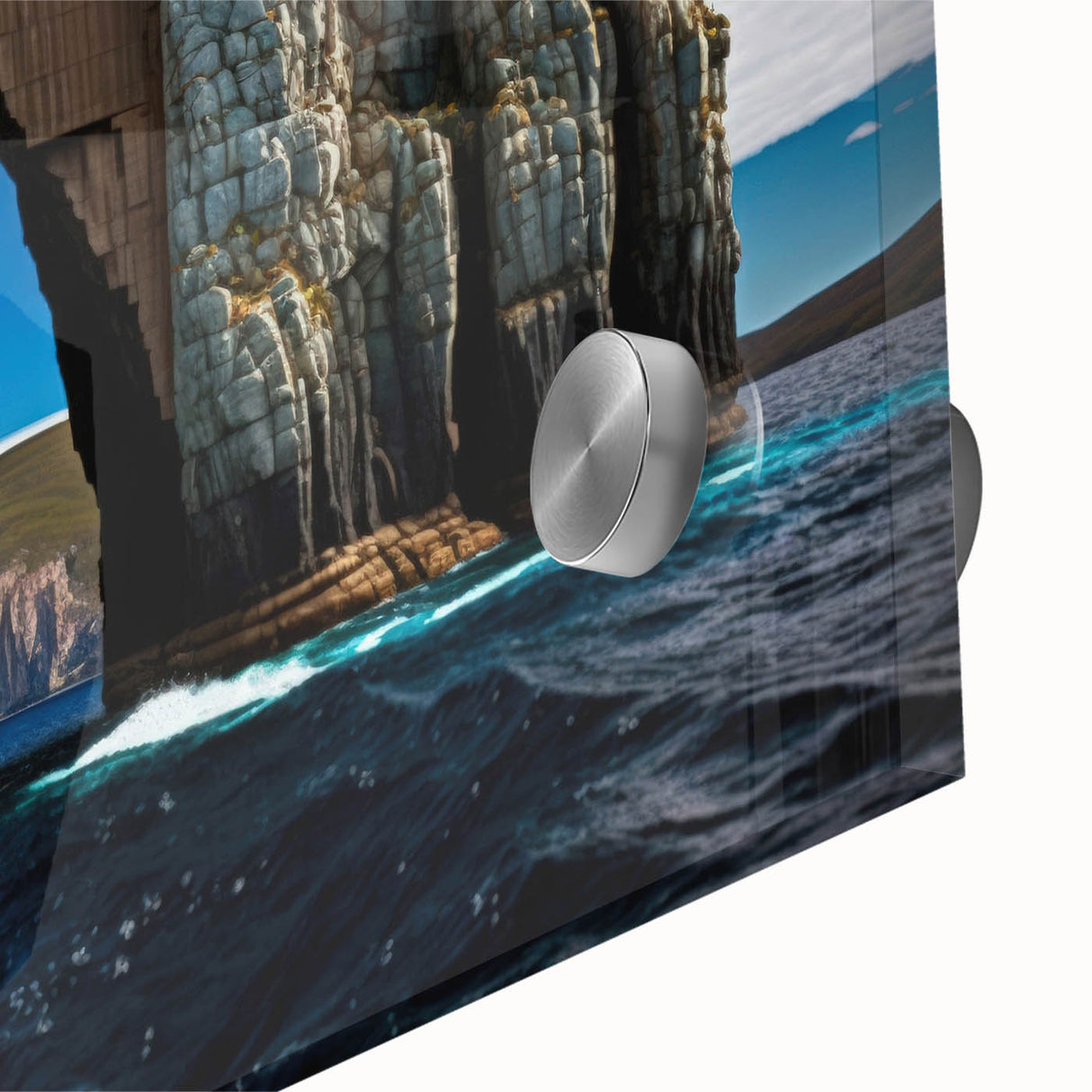 Large abstract wall art depicting Tasmania scenery on acrylic glass, in mid-century modernist style.