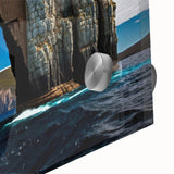 Large abstract wall art depicting Tasmania scenery on acrylic glass, in mid-century modernist style.