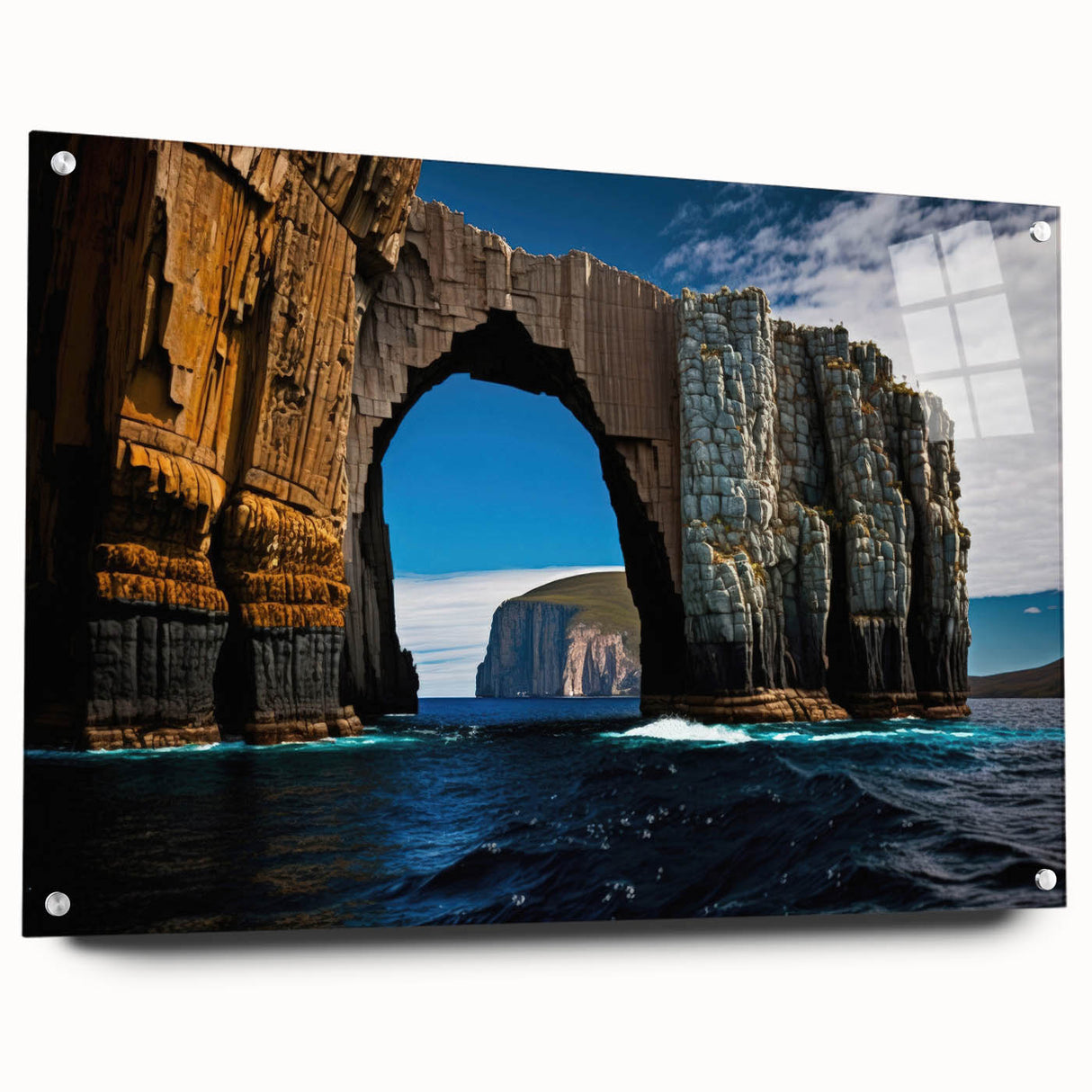 Large abstract wall art depicting a Tasmanian landscape in muted earth tones on acrylic glass.