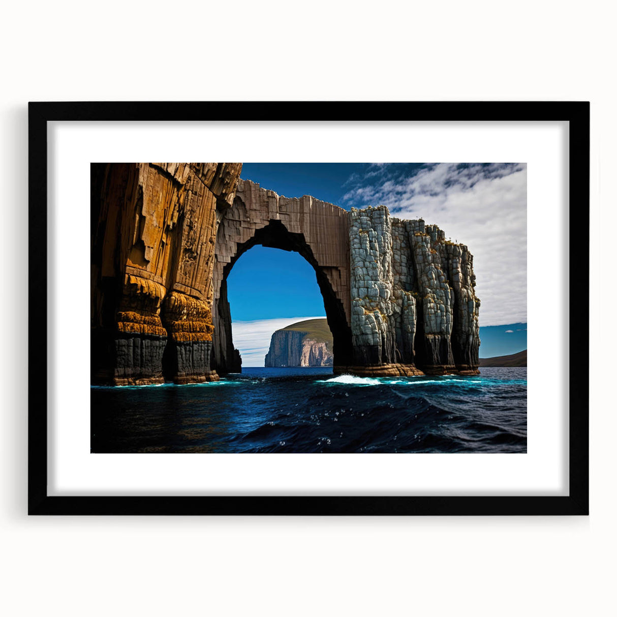 Extra large abstract art print of a colorful, textured Tasmanian landscape on a framed black mat.