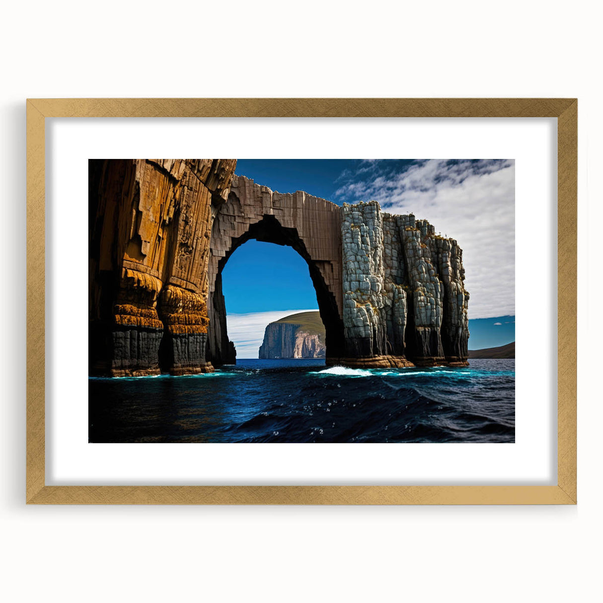Abstract art print of Tasmania scenery in gold frame with mat, featuring cool blue and green tones.