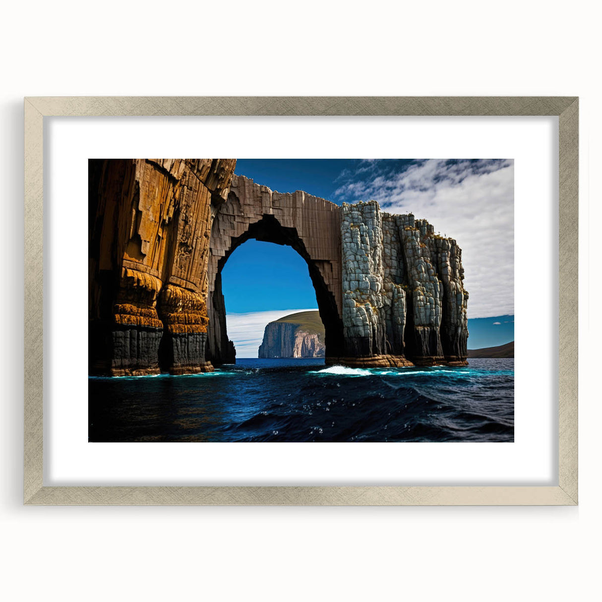 Extra large abstract art print of a textured Tasmanian landscape in muted earth tones, framed in silver.