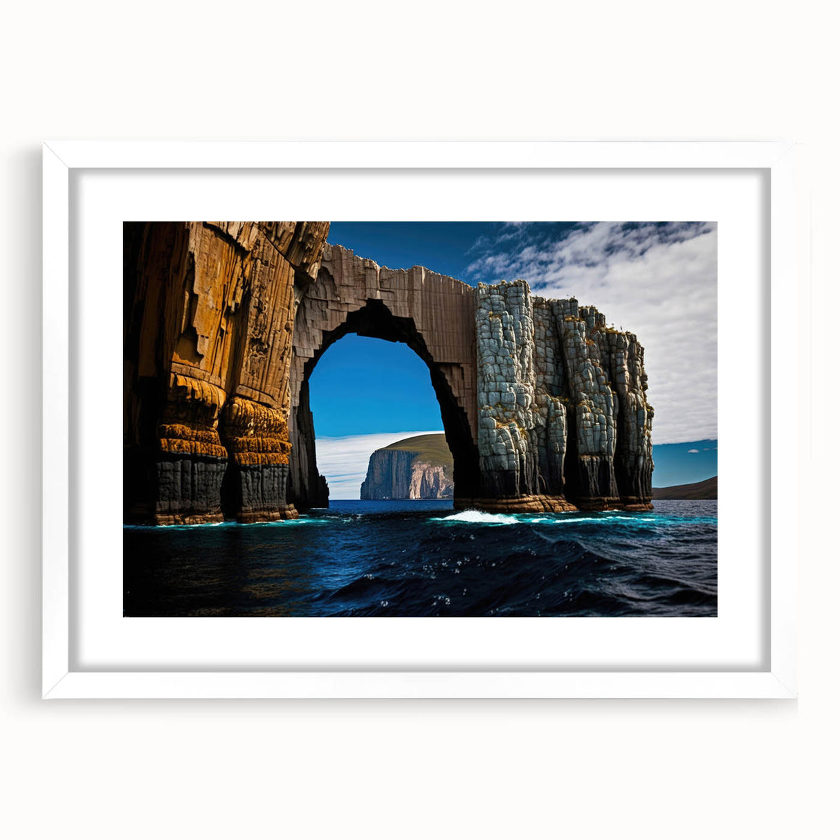 Textured abstract art print of Tasmania scenery in muted earth tones on a framed white mat, suitable for bedroom art.