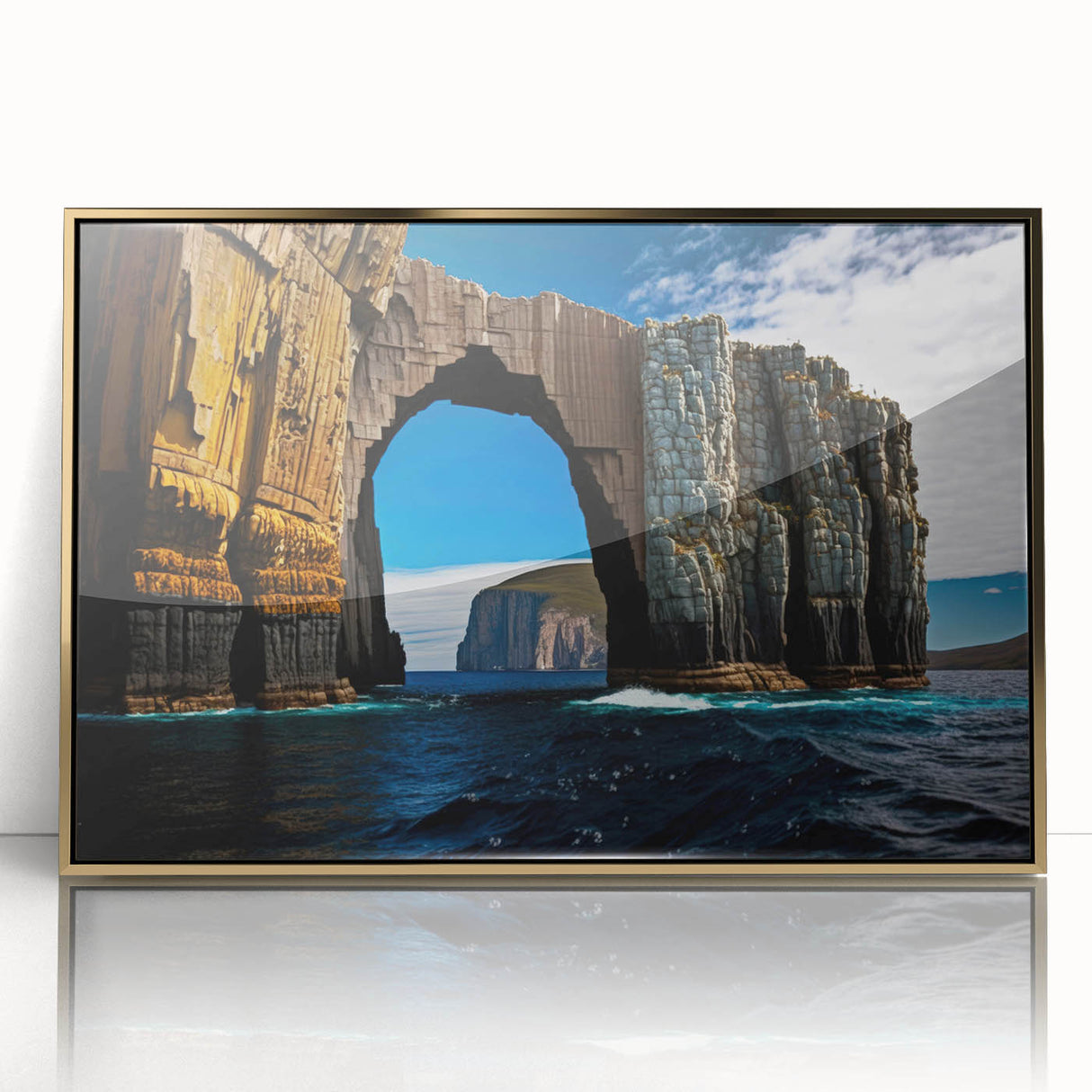 Art deco poster featuring a serene Tasmanian landscape in muted gold tones on framed acrylic, suitable for nursery wall art.