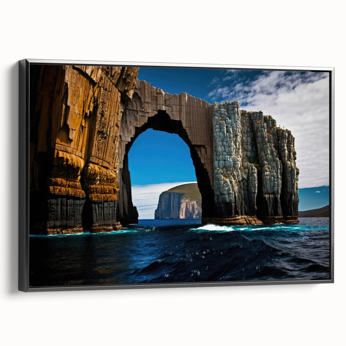 Black and white wall art featuring a Tasmanian landscape on framed canvas, ideal for bedroom decor.