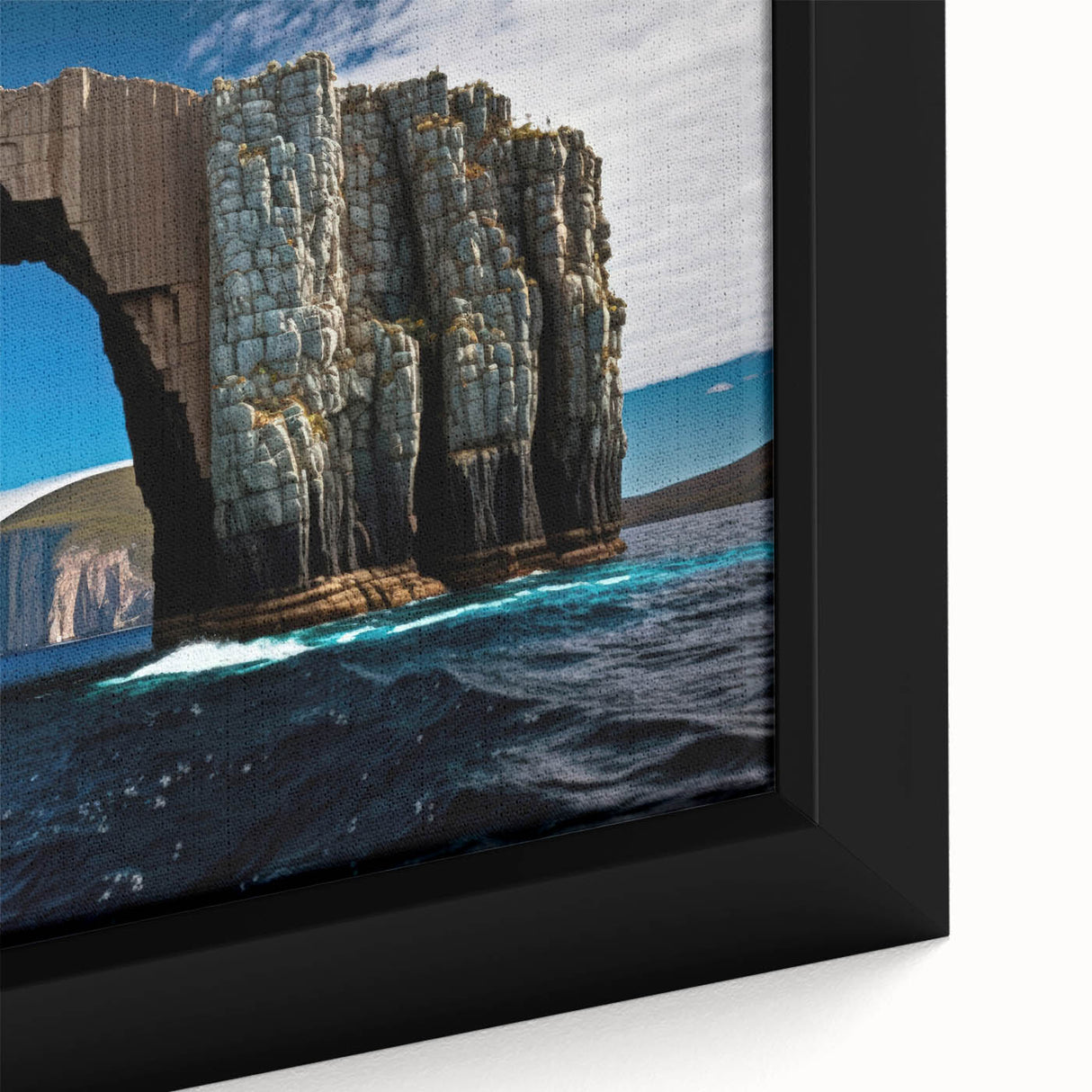 Extra large framed canvas featuring a textured, colorful depiction of Tasmania's scenery, ideal for living room decor.