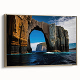 Framed canvas featuring a vintage-style Tasmanian landscape in muted gold and black tones, ideal for bedroom wall art.